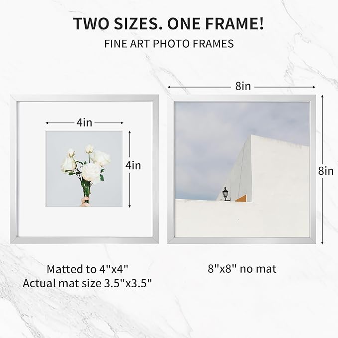 Fun Memories 8x8 Aluminum Picture Frame, Premium Square Photo Frames with Mat for 4x4 or Without Mat for 8 x 8, Simple and Elegant Decor for Wall Mounting, Silver, 3 Pack