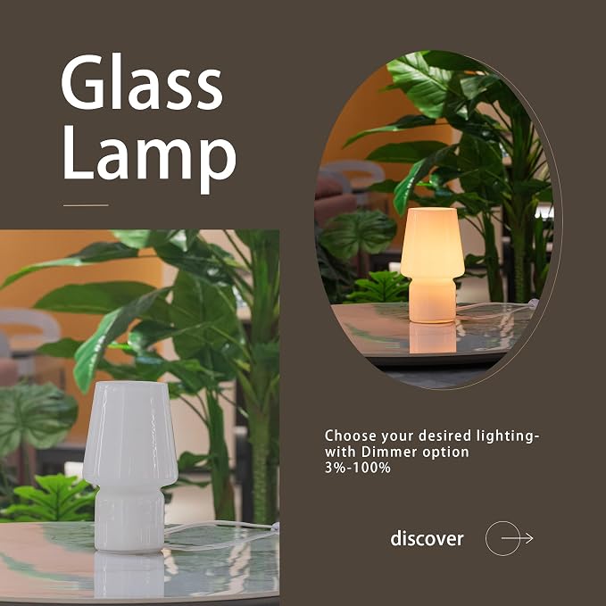 Mushroom Lamp,Mother's Day Gifts,Small Table Lamp,Cute Nightstand Kitchen Mini Lamp,Glass Table Lamp,Suitable for Bedrooms, Kitchens, Living Rooms, Bedside, Girl Gifts（White）