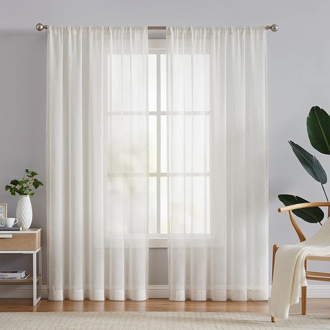 FMFUNCTEX Beige Linen Sheer Curtains, 90 Inches, 2 Panels for Bedroom | Natural Semi Sheer Drapes, Flax Linen, Rod Pocket, Light Filtering, Farmhouse French, Kitchen, Privacy, for Living Room