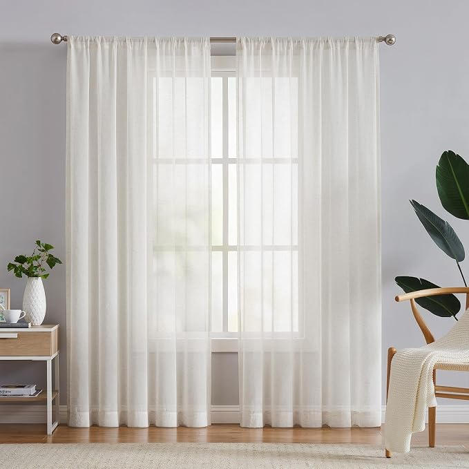 FMFUNCTEX Beige Linen Sheer Curtains, 72 Inches, 2 Panels for Bedroom | Natural Semi Sheer Drapes, Flax Linen, Rod Pocket, Light Filtering, Farmhouse French, Kitchen, Privacy, for Living Room