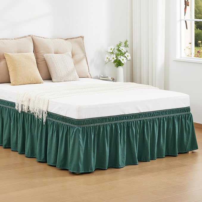 Emerald Green Queen Bed Skirt 15 Inch Drop Elastic Wrap Around Ruffle