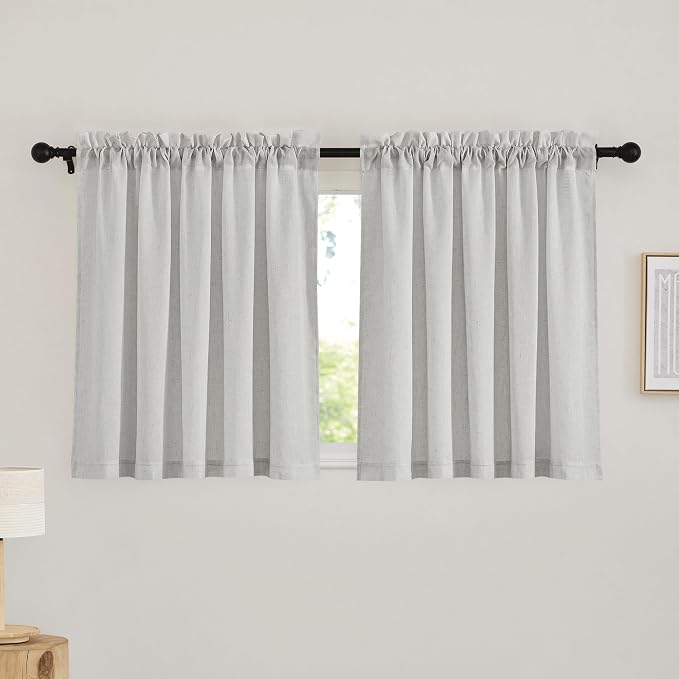 RYB HOME Bathroom Curtains Over Sink - Thick Flax Linen Semi Sheer Vertical Drapes Living Room Camper Curtain Privacy Protect Window Drapes Light Filters W 52 x L 36 inch, Light Grey, 2 Pack