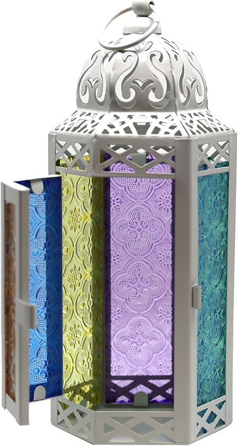 Vela Lanterns Decorative Indoor Moroccan Candle Holder, Multi-Colored, M | Rainbow Glass Decor for Easter, Votive Pillar Lamp, Colorful Turkish Tealight Centerpiece, Diwali Wedding, 10.5in Tall