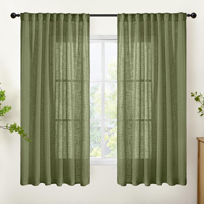 YoungsTex Olive Green Linen Semi Sheer Curtains 63 Inch Length - Light Filtering Drapes with Back Tab Rod Pocket Lightweight for Living Room Window, 2 Panels, 52 X 63 Inch