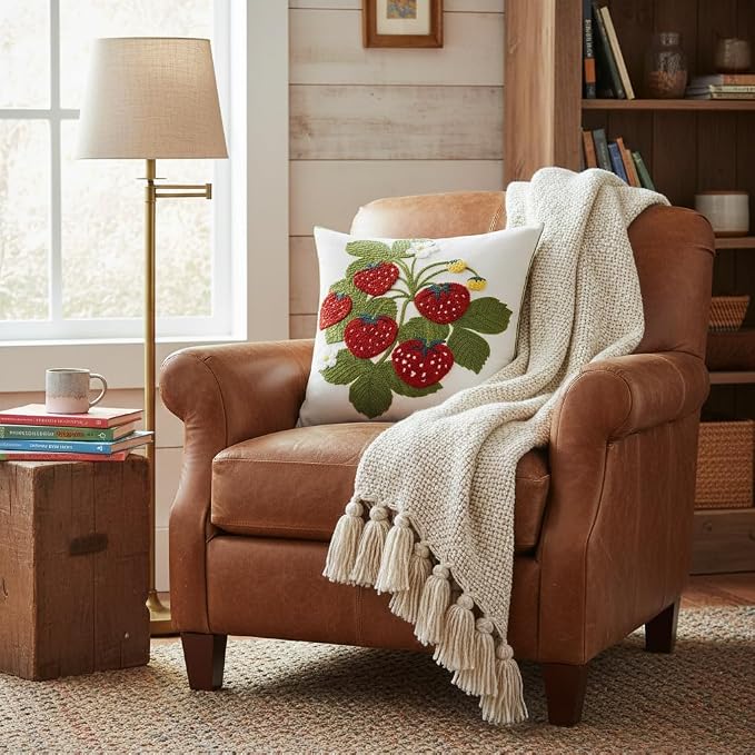 Embroidered Throw Pillow Covers 18x18 inch Pack of 2 Red Strawberry with Green Leaves Floral Pillowcases Farmhouse Pillow Cushion Cases Summer Home Decor for Sofa Bed Living Room