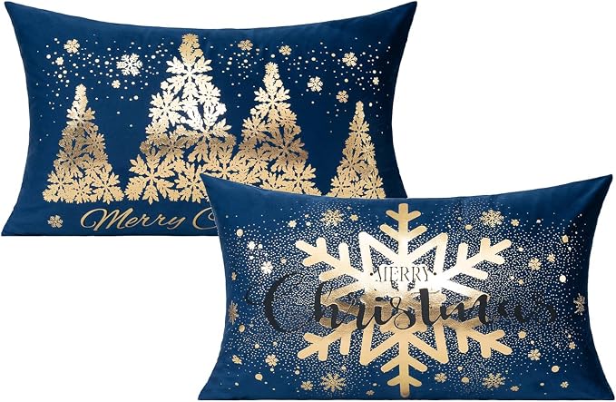 All Smiles Navy Bule Gold Christmas Decorations Throw Pillow Covers Cases 12X20 Set of 2 Winter Xmas Indoor Home Holiday Décor Ornaments Velvet Navidad Cushion for Sofa Tree Snowflake Reindeer