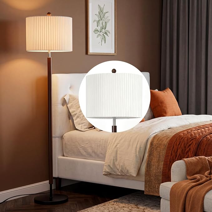 Mid-Century Modern Vintage Floor Lamp, 2-in-1 Pleated & Traditional Lampshade, Marble Base with Rotary Switch, Wooden Standing Lamp for Living Room, Bedroom, Home Decor, Bulb Included
