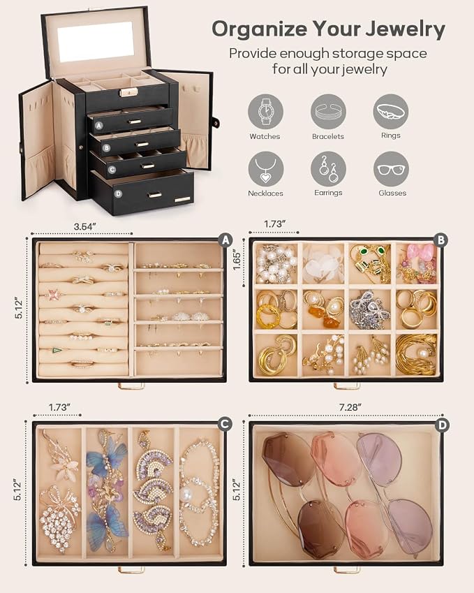 Homde Large Jewelry Box for Women: 5-Layer Organizer with Lock for Dresser | Separated Storage for Necklace Earring Ring Watch to Sort Daily Jewelry - Keep Vanities Tidy - Suitable for Birthday Gift