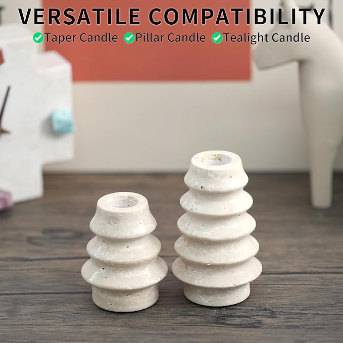 Travertine Marble Candlestick Holders - Set of 2 Stone Candle Sticks Holder Tree Decor, Decorative Modern Candle Stands for Taper Candles