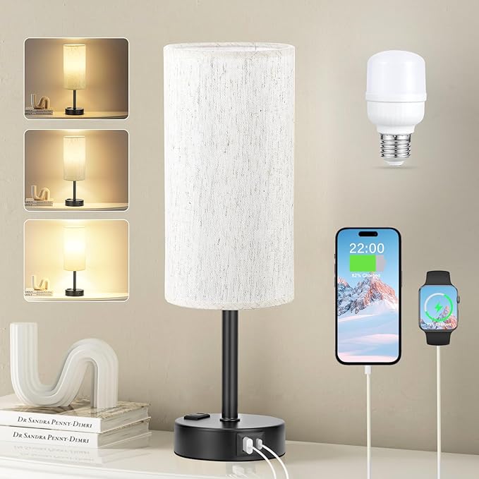 Fenmzee Turquoise Bedside Table Lamp, Dimmable Touch, USB A+C, AC Outlet