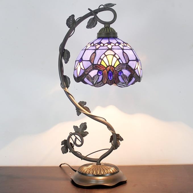 WERFACTORY Tiffany Table Lamp Blue Purple Stained Glass Baroque Style Reading Desk Light, Metal Leaf Base 8X10X21 Inches Decor Small Space Bedside Bedroom Home Office S003C Series