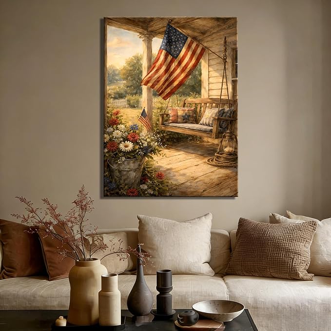 RIBNTAK 4th of July Wall Art Canvas Prints Pictures Patriotic American Flag Artwork Americana Farmhouse Decor Independence Day Wall Decor Vintage Home Decorations for Living Room Bedroom Office