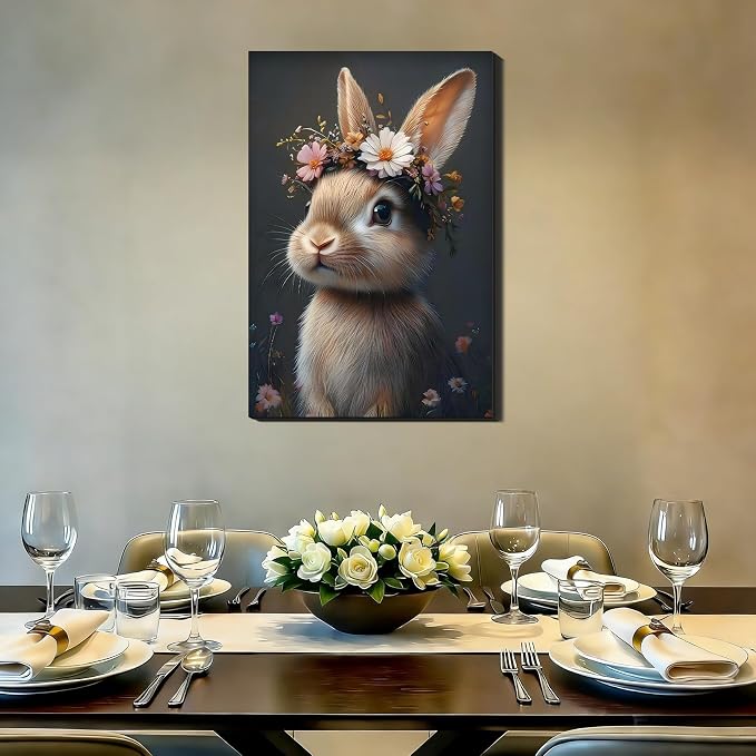Easter Bunny with Flower Wreath Canvas Wall Art, Spring Animal Poster Prints for Nursery Wall Decor, Easter Rabbit Pictures for Living Room Bedroom Kid's Room Holiday Decoration