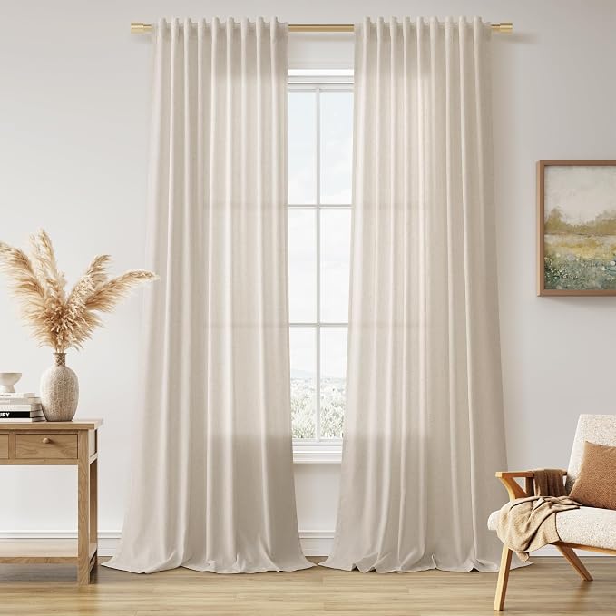 Linen Curtains 63 Inches Long for Living Room Semi Sheer Light Filtering Curtain Back Tab Rod Pocket Neutral Boho Modern Farmhouse Decor Window Drapes for Bedroom 52x63 2 Panels Boho