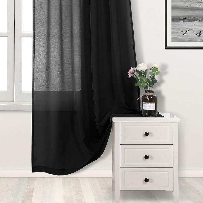 DWCN Sheer Curtains Black Grommet Window Curtain for Living Room and Funeral/Gothic Wedding Voile Sheer Curtains Set of 2 Panels 52 x 95 Inch Long,