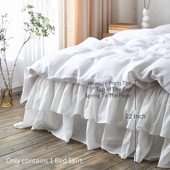 BISELINA White Ruffled Bed Skirt 22-Inch Tailored Drop Cotton Voile Dust Ruffle Soft Cozy Elegant Luxurious Bedding (22" King, White)