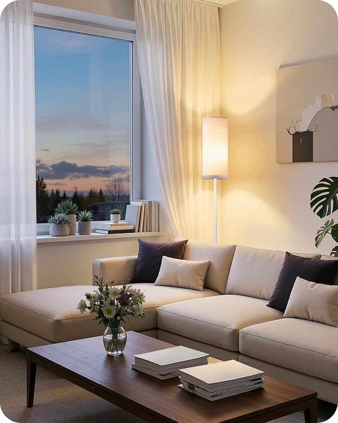 Dimmable Floor Lamps for Living Room with Remote and Foot Switch, 64.4” Modern Standing Tall Lamp, Corner Lamp for Bedroom, Office, Bulb Included, 3000K-6500K, Beige and White, FCC Listed WE06LD05W1