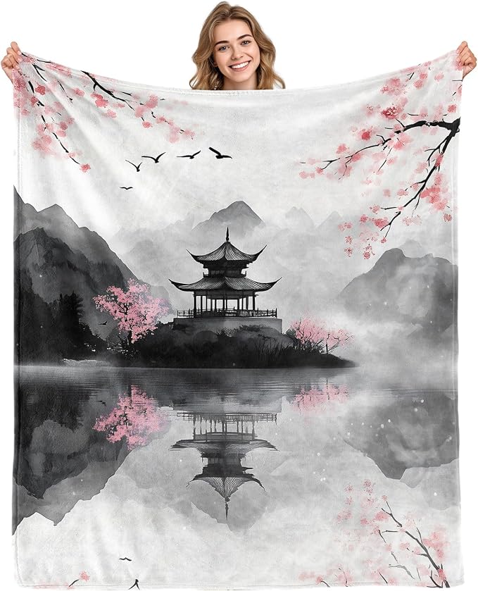 Aimego Cherry Blossom Blanket Gifts for Girls Women Watercolor Lake Retro Throw Blanket Decor for Sofa Living Room Japanese Cherry Blankets(50X60 Inch)