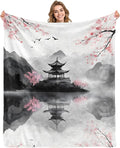 Aimego Cherry Blossom Blanket Gifts for Girls Women Watercolor Lake Retro Throw Blanket Decor for Sofa Living Room Japanese Cherry Blankets(50X60 Inch)