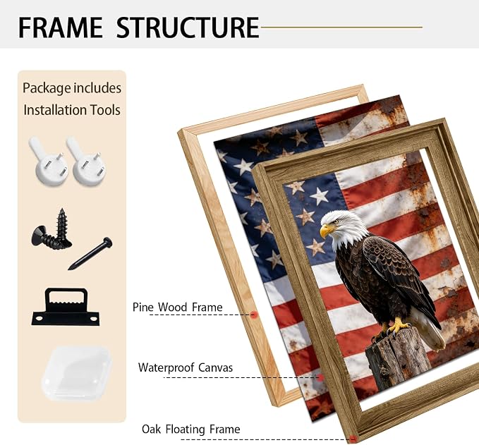 American Flag Framed Canvas Wall Art, 4th of July Patriotic Canvas Prints | USA Flag with Bald Eagle Poster Print, Vintage Independence Day Wall Decor for Bedroom Living Room 16×20in