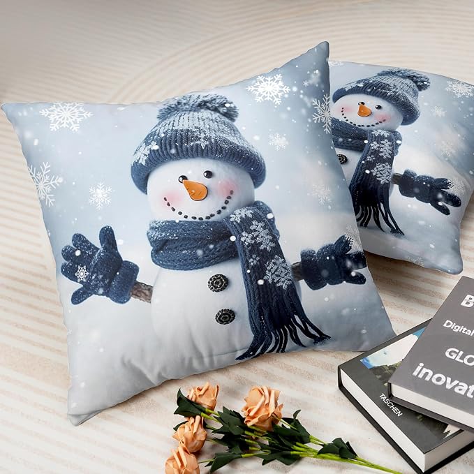 Blue Snowman Pillow Covers Set of 2 Winter Pillow Covers 20x20 Holiday Decorative Throw Pillows Protector Cotton Blend for Indoor Couch Patio