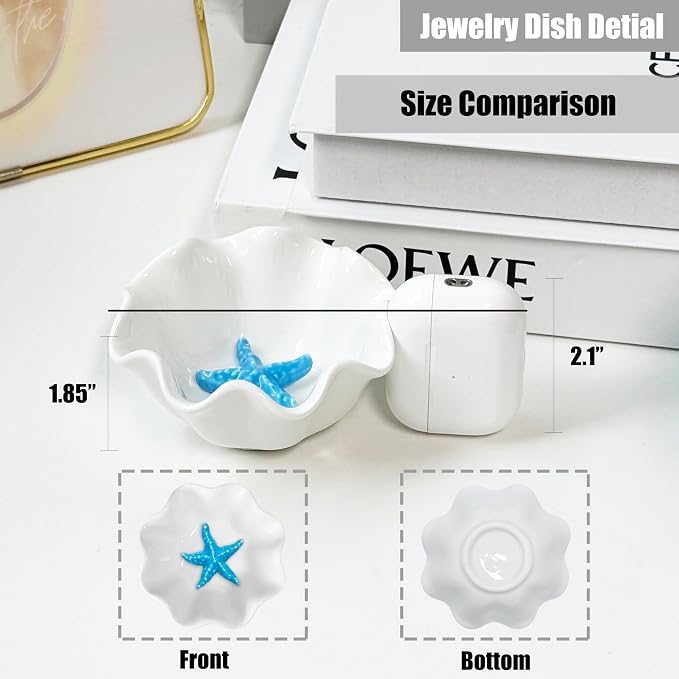 Jewelry Holder Dish Ceramic Flower Ring Dish Tray Decorative Starfish Trinket Dish Preppy Room Decor Coastal Jewelry Bowl Wedding Mother's Day Christmas Birthday Gifts for Women (Blue Starfish)