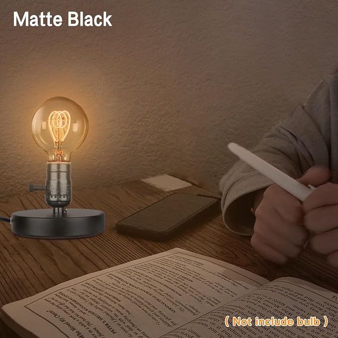 Vintage Table Lamp Base Only Without Shade, Mini Basic Edison Exposed Light Bulb Stand, E26 E27 Short Edison Desk Lamps for Small Spaces with 5.75' Cord ON Off Switch & Plug in (Matte Black)