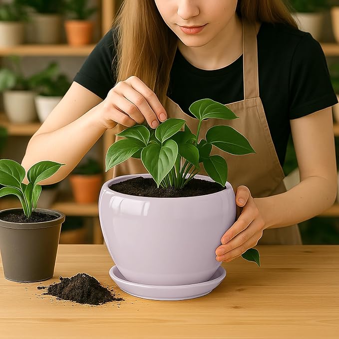 Deep Dream 8 Inch Plant Pots- Ceramic Pots for Plants with Drainage Hole and Saucer, Large Planter Pot for Indoor Plants Outdoor Decor, Pink