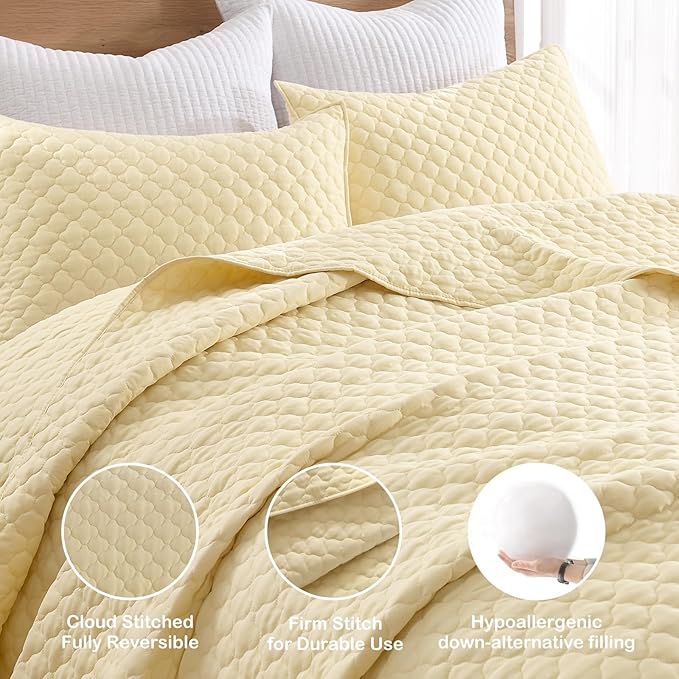 HORIMOTE HOME Quilt King Size Light Yellow, Lightweight Quilt for Summer, Ultra-Soft Microfiber Modern Style Quilted Clouds Pattern Bedspread Quit Set 3 Pieces(1 Quilt and 2 Pillow Shams)