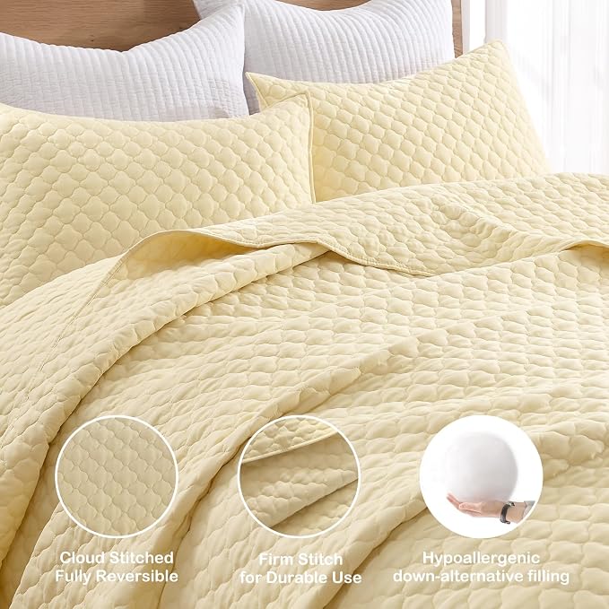 HORIMOTE HOME Quilt Queen Size Light Yellow, Lightweight Quilts for Summer Ultra-Soft Microfiber Modern Style Quilted Clouds Pattern Bedspread Quit Set 3 Pieces(1 Quilt and 2 Pillow Shams)