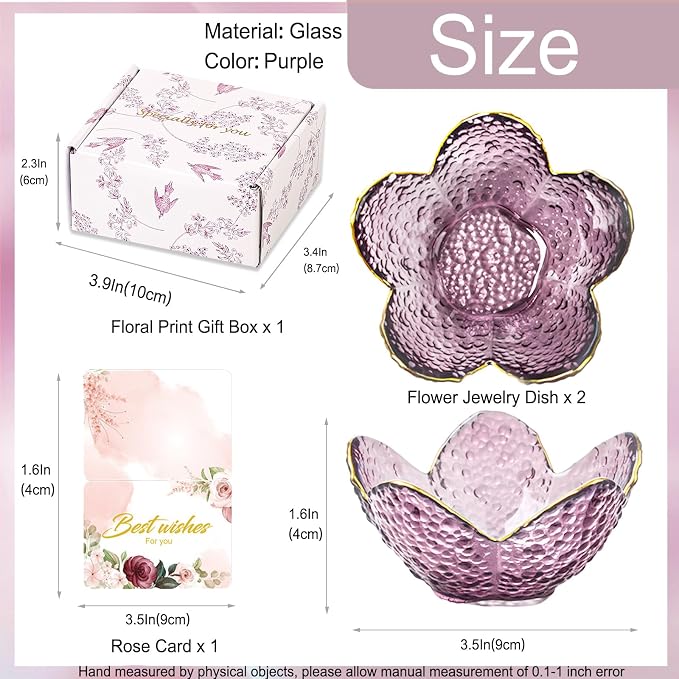 Gifts for Women Purple Flower Jewelry Dish Glass Ring Holder Decorative Jewelry Tray Cute Vanity Room Decor Aesthetic Nightstand Bathroom Decor Trinket Dish Friendship Christmas Birthday Gifts (2pcs)