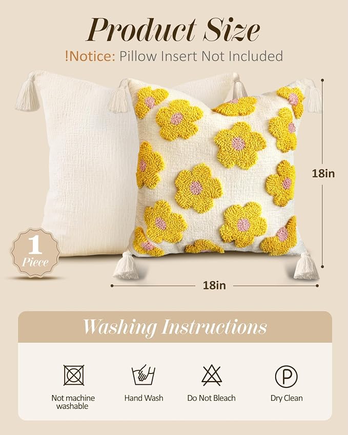 Throw Pillow Covers 18x18 - Tufted Decorative Pillow Cover with Zipper for Couch Sofa Bed Living Room Home Decor Aesthetic Soft Spring Summer Farmhouse Tassels Indoor Pillowcase, Yellow Flower