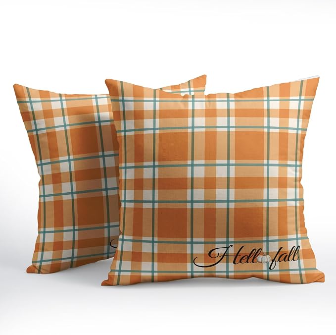 Orange Stripe Fall Throw Pillow Cover 16x16 Inch Set of 2 Hello Fall Stripes Buffalo Plaid Decorative Pillow Protector Pumpkin Autumn Thanksgiving Outdoor Cushion Case for Home Sofa Porch