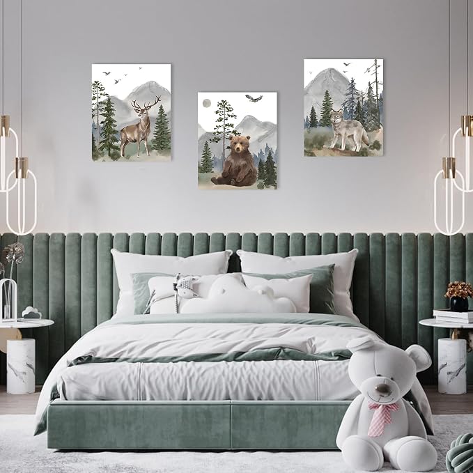 Woodland Nursery Wall Art Decor: Forest Themed Animal Wall Art Prints Canvas Posters Nursery Decor for Boys Girls Room,Wildlife Deer Bear Wolf Pictures for Bedroom Wall Decor,12x15 Inch,Set of 3