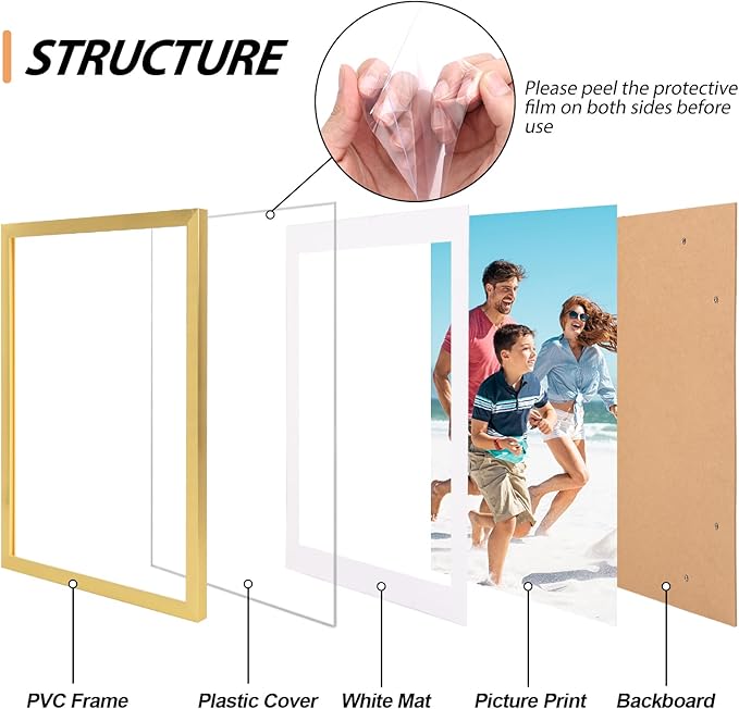 Fixwal Gallery Picture Frames Set, 15 Pack, PVC, Gold, 8x10, 5x7, 4x6 | Wall or Tabletop Decor, High-definition Plexiglas panels