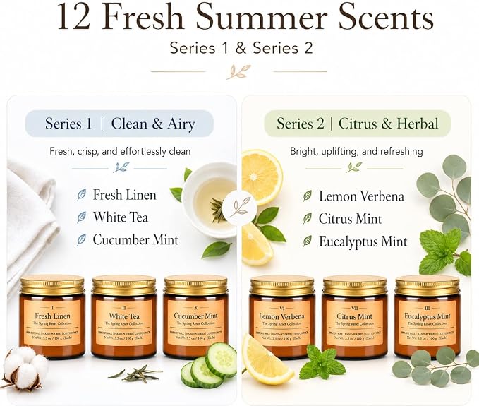 12 Pack Summer Scented Candles, 3.5 oz Amber Glass Jar Soy Candle Set | 8% Essential Oil Blend, Gifts for Women Birthday Housewarming