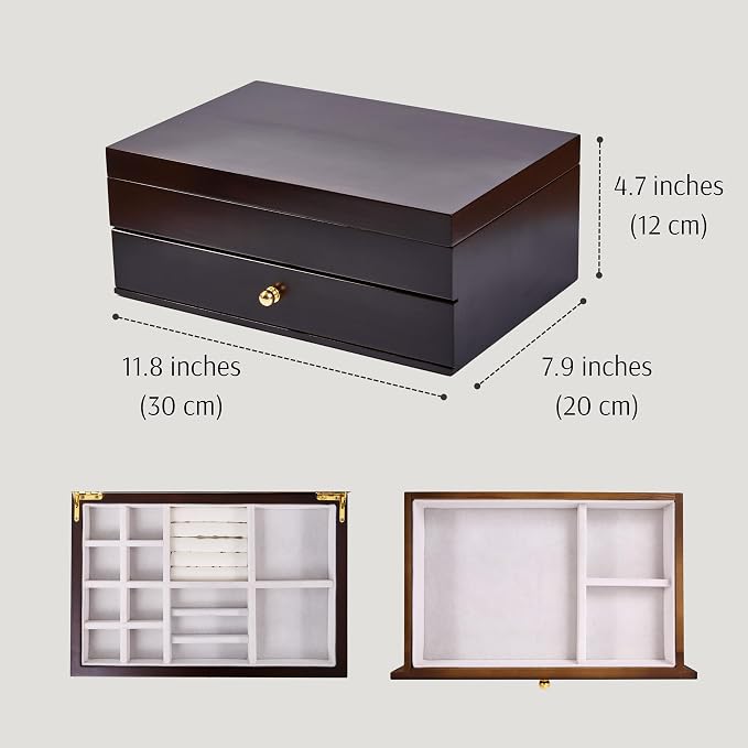 Wooden Jewelry Box with Drawer, 2-Layer Organizer, ek15-m-dark | Medium Size, Real Natural Solid Wood, Vintage Style Case with Earring Storage, Ring Compartments, and Necklace Hooks