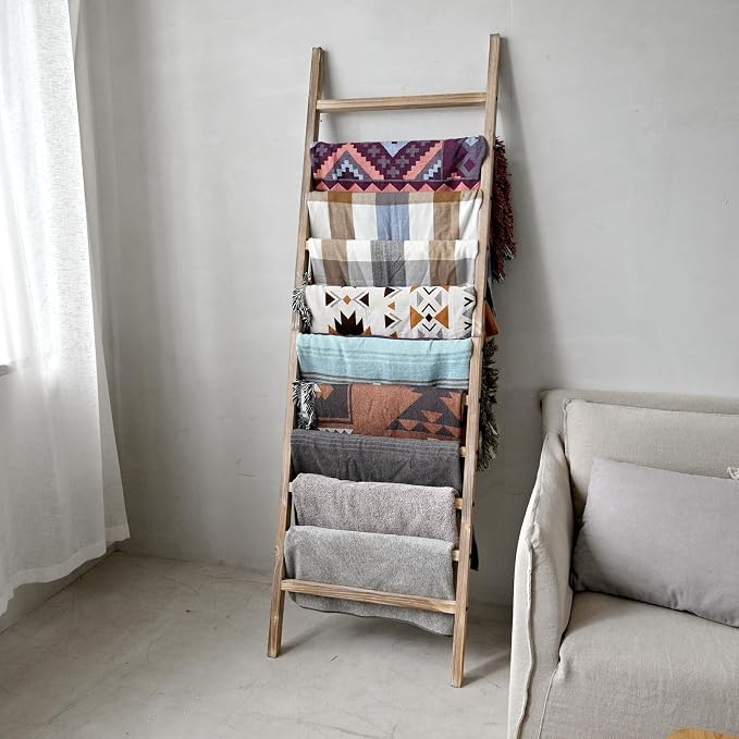 FUIN Blanket Ladder, 24 in Wide 11-Rung Wood Rustic Decor Rack | 11 rungs and 24in wide, Solid wood visible grain, Angled lean-to design, Anti-slip support, Living room and bathroom use