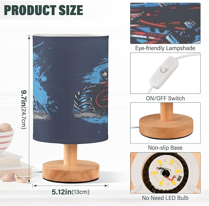Bedside Lamp Truck Table Lamp for Bedroom LED Nightstand Lamp Shade USB Ports Wood Base for Living Room Dorm Office