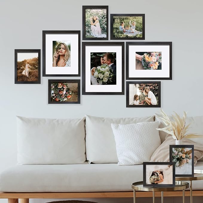 SESEAT Picture Frames Collage, Gallery Wall Frame Set with 11x14 8x10 5x7 4x6 Frames in Black Woodgrain Finishes, Set of 10