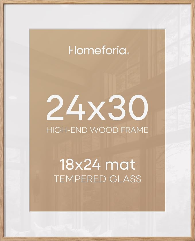 Homeforia 24x30 Natural Oak Picture Frame, High-End Wood, 18x24 Mat, Glass