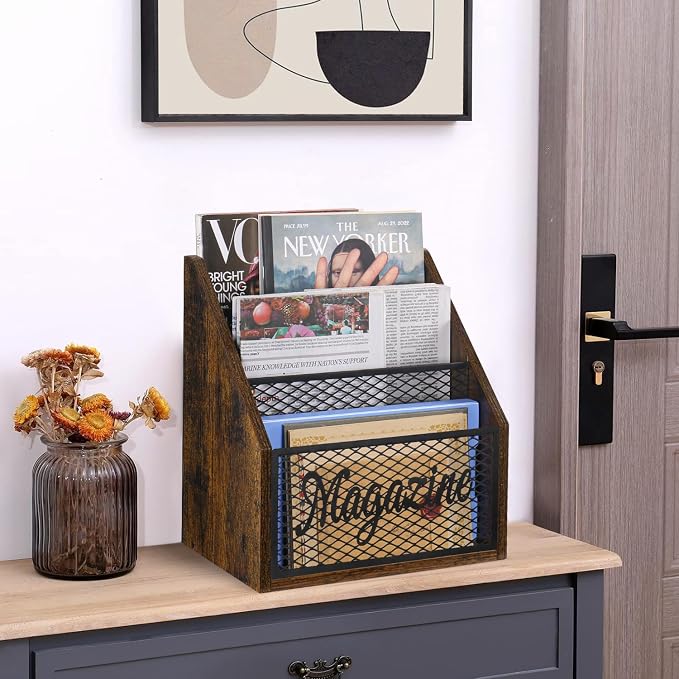 YINMIT 3 Tier Magazine Rack, Stepped Magazine Holder Floor for Home Storage | 3 Tier Stepped Design, Wood and Metal Construction, Easy Magazine Display, Book Organizer Basket for Living Room, Office