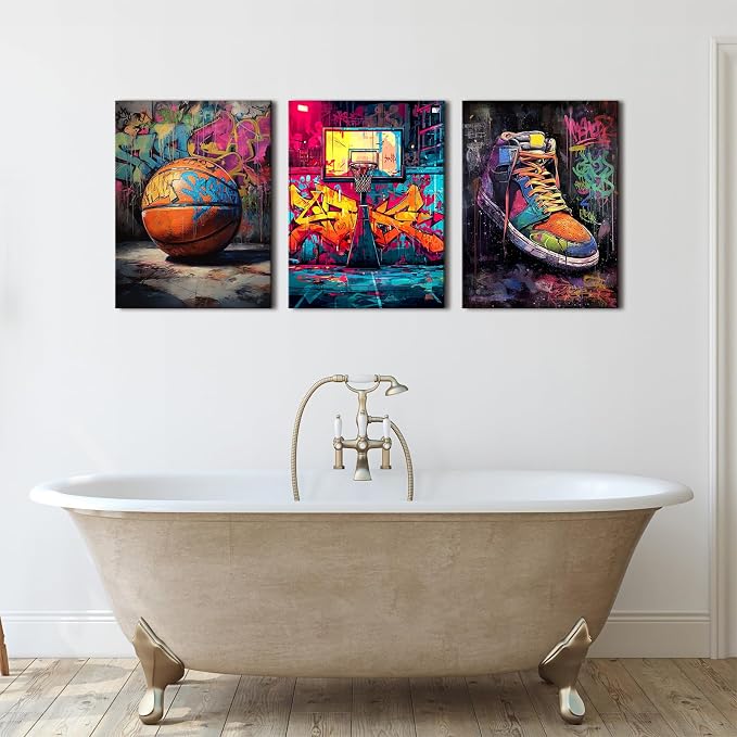 Graffiti Basketball Canvas Wall Art Vintage Basketball Court Posters for Boys Room Motivational Sports Themed Painting Prints treet Pop Art Canvas Pictures for Mens Bedroom Home Decorations 12x16" 3Pcs
