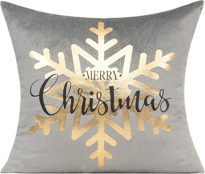 All Smiles Gray Gold Christmas Decorations Throw Pillow Covers Cases 18X18 Set of 4 Winter Xmas Indoor Home Holiday Décor Ornaments Velvet Navidad Cushion for Sofa Tree Snowflake Reindeer
