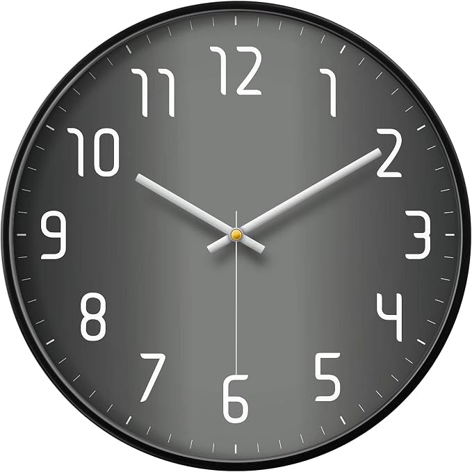 Silent Non-Ticking Analog Wall Clock, Gradient Black, 14'' | Battery Operated, Modern, Metal Frame & HD Tempered Glass, Decorative for Home & Office, Bedroom, Kitchen, Living Room