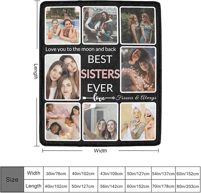 Custom Blanket Gifts for Sister with Photo, Make a Personalized Sisters Blankets with Picture, Customized Memories Souvenir Throws for Best Sisters Ever, 8 Collage Made in USA