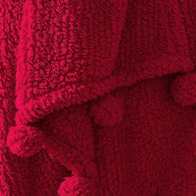 HORIMOTE HOME Ultra Soft Sherpa Throw Blanket with Pompom Fringe, Lightweight Plush Boho Throw Blanket for Couch, Sofa, Bedroom,Travel, Christmas Decor, Warm Blanket for Winter, 50"x60", Red