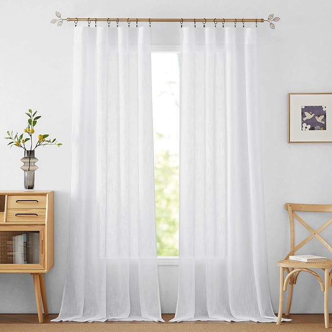 RYB HOME White Sheer Curtains 84 inches Long for Living Room | Extra 66 inches Widith for Light Filtering, Rod Pocket, Breathable, Semi Sheer Curtains, White, W66 x L84, 2 Panels Set
