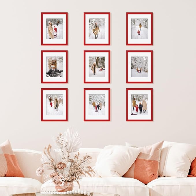 YESKAY 11x14 Picture Frame Set of 9, Photo Gallery Wall Frame Set, Display Pictures 8x10 with Mat or 11 x 14 Without Mat, Multi Photo Frames for Wall Mounting or Table Top Display, Red