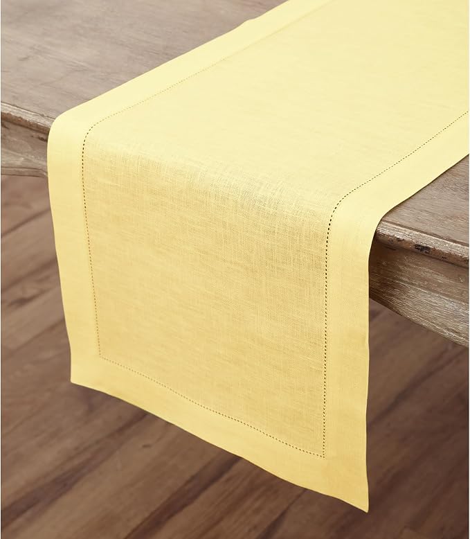 Solino Home 100% Linen Table Runner Yellow, Classic Hemstitch 14 x 60 in | a graceful centrepiece for dining and gatherings, hemstitched border, mitered corners, machine washable, OEKO-TEX Certified